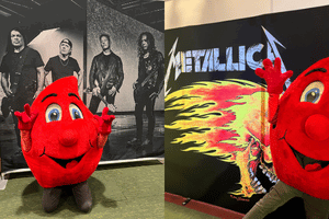 Buddy blood drop mascot at the Metallica pop-up